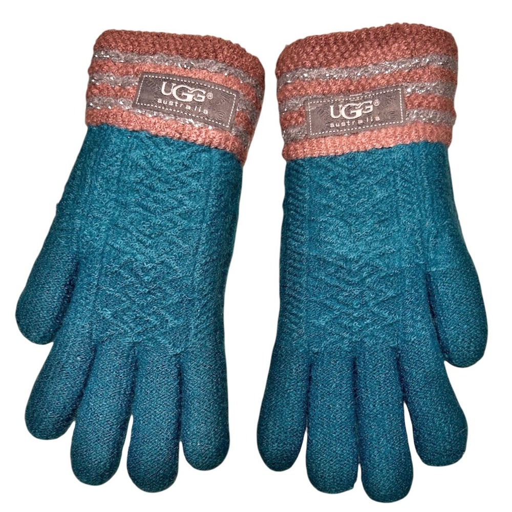 UGG Knit Gloves Women OS Teal Blue Coral Metallic Cable Knit Winter Fleece Lined